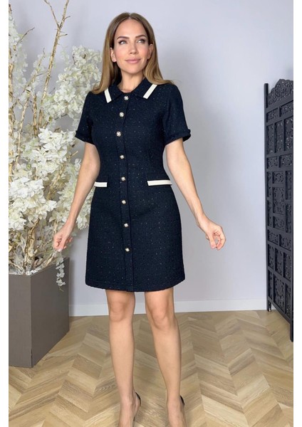 G1606 Düğme Detaylı Tüvit Elbise Siyah