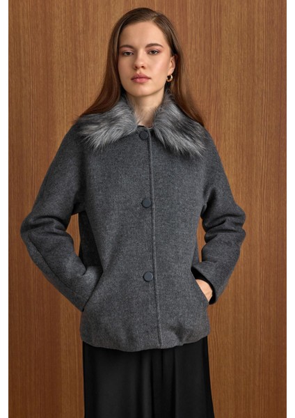 Yakası Çıkabilen Kürklü Kısa Kaban Koyu Gri 3158 fırsatları