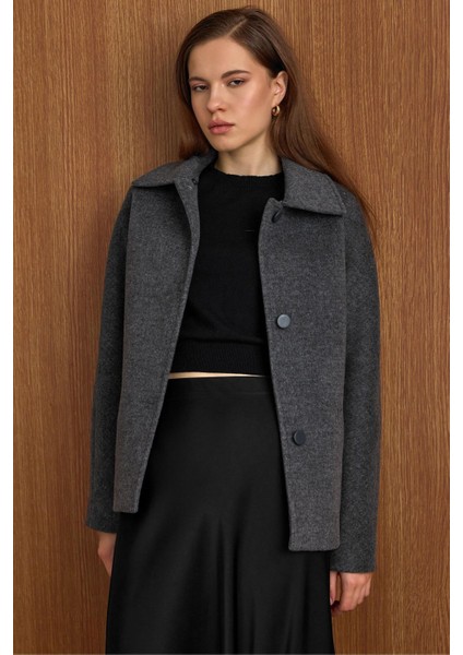 Yakası Çıkabilen Kürklü Kısa Kaban Koyu Gri 3158 indirimleri