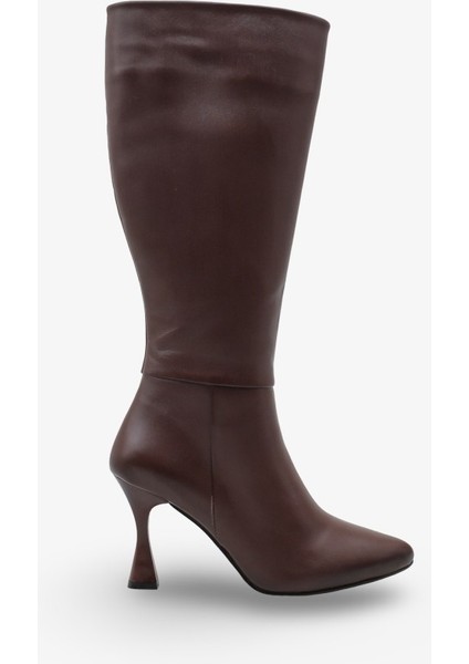 Lavena Kadın Hakiki Deri Topuklu Çizme Kahve