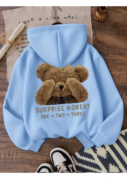 Punıx Kıds Özel Üretim Kapüşonlu Bear Sırt Baskılı 2 Iplik Oversize Kız-Erkek Çocuk Sweatshırt