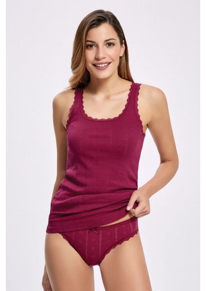 %100 Pamuk Renkli Kalp Desenli (Jakarlı) Geniş Askı Dantelli Külot Takım