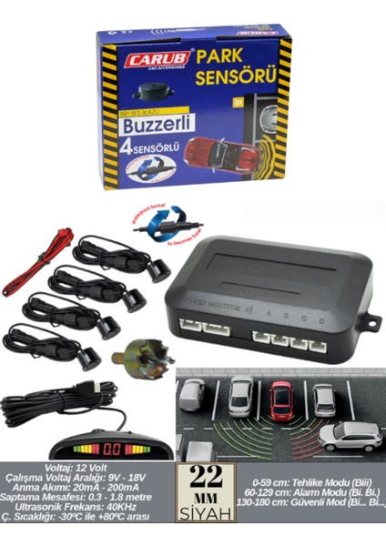 22MM Ekranlı Sesli Park Sensörü 4’lü Siyah Geri Vites Park Destek Sistemi Araç Park Sensörü Seti