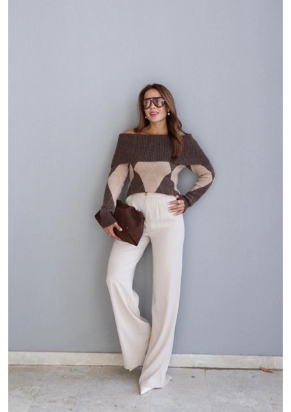 Bej Gold Düğme Detay Palazzo Pantolon