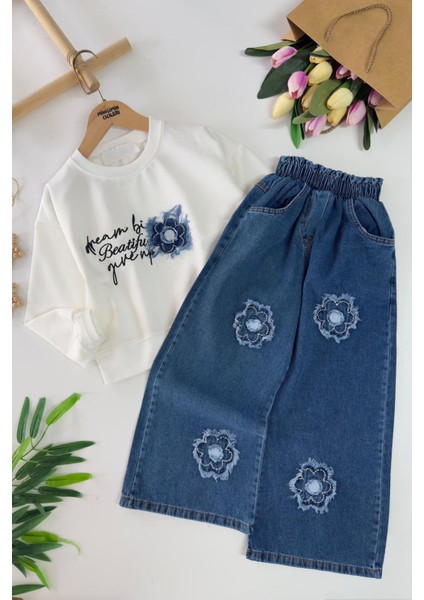 Papatya Yama Detaylı Kız Çocuk Bol Pantolonlu takım - Mavi