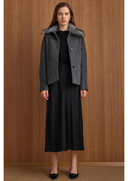 Yakası Çıkabilen Kürklü Kısa Kaban Koyu Gri 3158 fiyatları