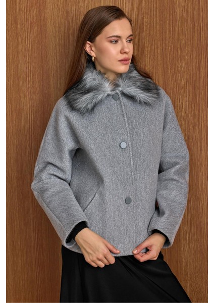 Yakası Çıkabilen Kürklü Kısa Kaban Açık Gri 3158 fiyatları