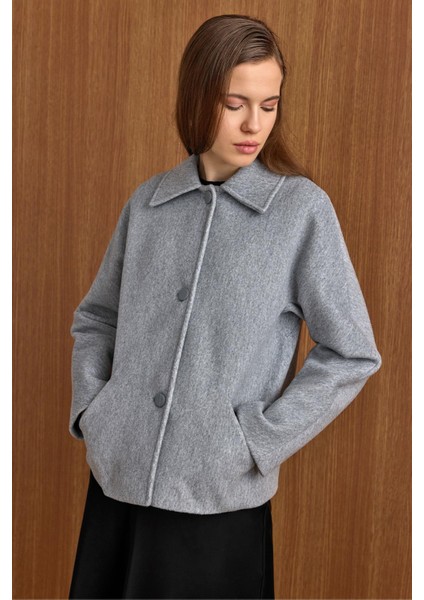 Yakası Çıkabilen Kürklü Kısa Kaban Açık Gri 3158