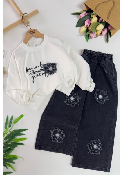 Papatya Yama Detaylı Kız Çocuk Bol Pantolonlu takım - Siyah