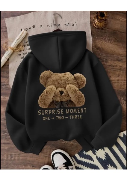 Punıx Kıds Özel Üretim Kapüşonlu Bear Sırt Baskılı 2 Iplik Oversize Kız-Erkek Çocuk Sweatshırt