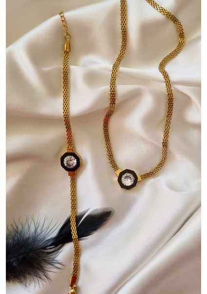 316L Çelik Gold Renk Ezme Zincir Zirkon Taşlı Mineli Serenay Kolye Bileklik Set