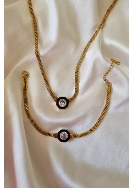 316L Çelik Gold Renk Ezme Zincir Zirkon Taşlı Mineli Serenay Kolye Bileklik Set modelleri