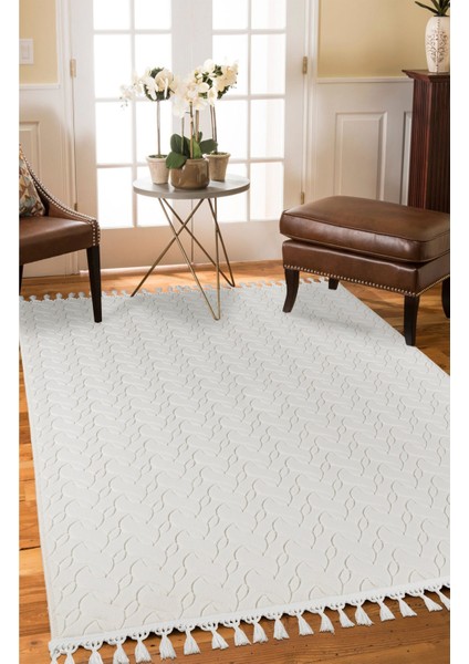 Oslo Premium mt Yıkanabilir Kaymaz Tabanlı Saçaklı Kesme Rulo Halı Yolluk Krem