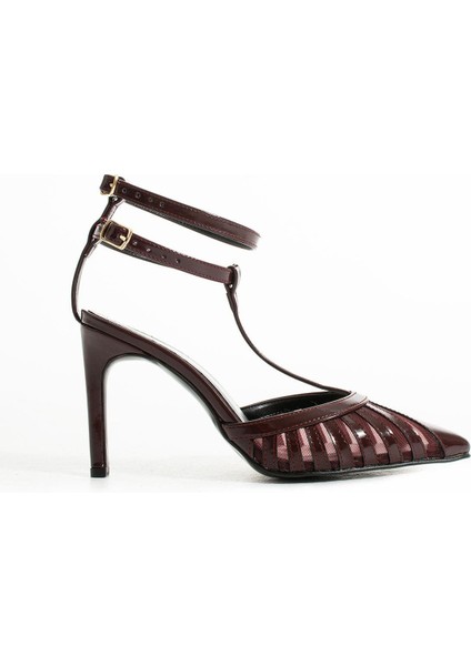 Bordo Rugan Fileli Cif Kemerli 8.5 cm Sivri Burun Stiletto Ince Topuklu Kadın Ayakkabı fırsatları