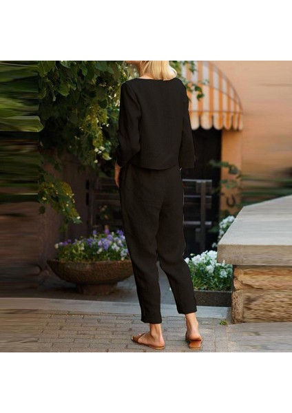 Keten Günlük Rahat Beli Kemerli Kadın Ikili Takım Alt Üst fiyatları