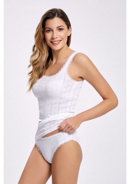 %100 Pamuk Renkli Kalp Desenli (Jakarlı) Geniş Askı Dantelli Külot Takım