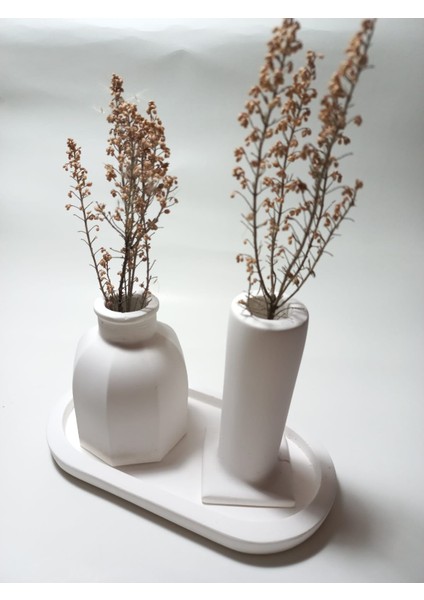 Tabaklı Dekoratif Ikili Vazo Set Beyaz