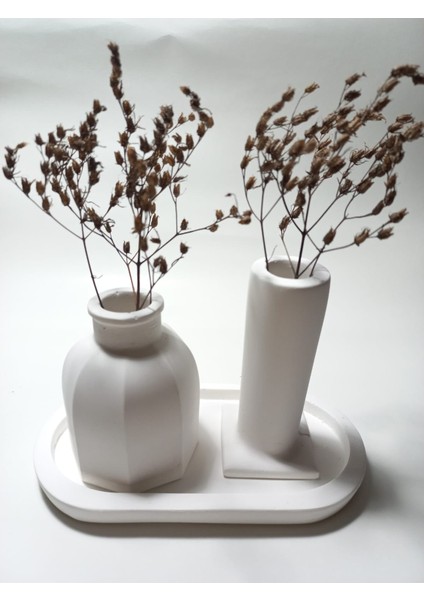 Tabaklı Dekoratif Ikili Vazo Set Beyaz fırsatları