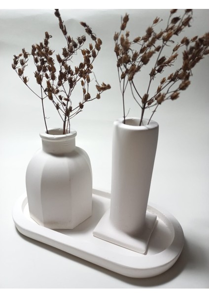 Tabaklı Dekoratif Ikili Vazo Set Beyaz