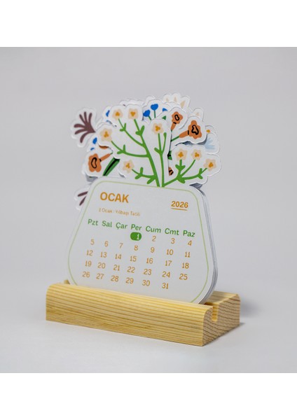 Minimal Çiçek Tasarımı 2026 Yılı Masaüstü Takvim, Ahşap Standlı Mini Takvim, 9X11 cm