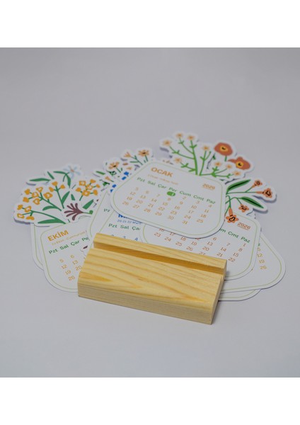 Minimal Çiçek Tasarımı 2026 Yılı Masaüstü Takvim, Ahşap Standlı Mini Takvim, 9X11 cm modelleri