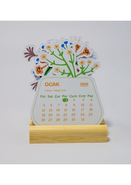 Minimal Çiçek Tasarımı 2026 Yılı Masaüstü Takvim, Ahşap Standlı Mini Takvim, 9X11 cm fırsatları
