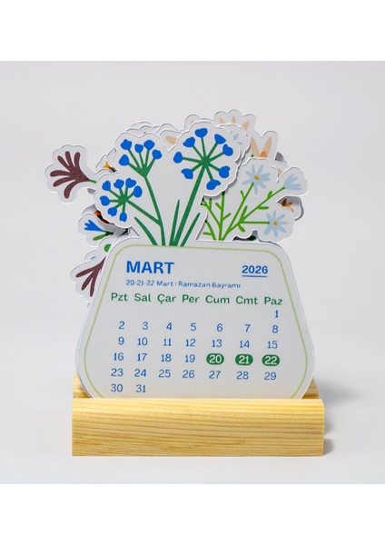 Minimal Çiçek Tasarımı 2026 Yılı Masaüstü Takvim, Ahşap Standlı Mini Takvim, 9X11 cm
