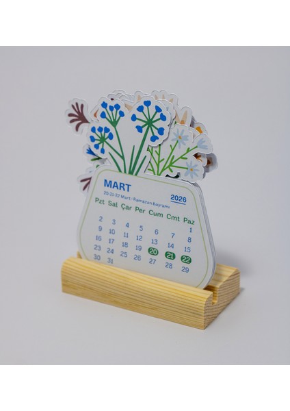 Minimal Çiçek Tasarımı 2026 Yılı Masaüstü Takvim, Ahşap Standlı Mini Takvim, 9X11 cm