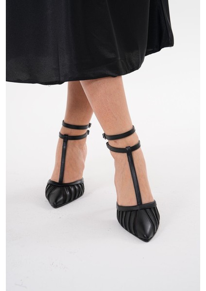 Siyah Fileli Cift Kemerli 8.5 cm Sivri Burun Stiletto Ince Topuklu Kadın Ayakkabı fiyatları