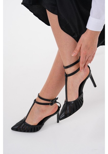 Siyah Fileli Cift Kemerli 8.5 cm Sivri Burun Stiletto Ince Topuklu Kadın Ayakkabı modelleri