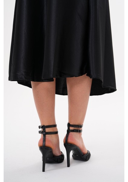 Siyah Fileli Cift Kemerli 8.5 cm Sivri Burun Stiletto Ince Topuklu Kadın Ayakkabı indirimleri