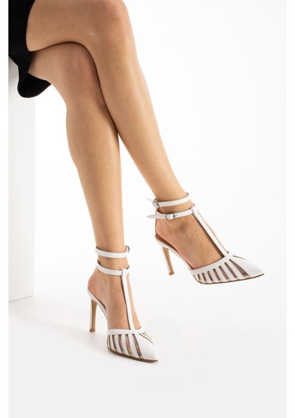 Beyaz Cilt Fileli Cift Kemerli 8.5 cm Sivri Burun Stiletto Ince Topuklu Kadın Ayakkabı fiyatları