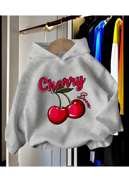 Punıx Kıds Özel Üretim Cherry Baskılı Kapüşonlu %100 Pamuk Kışlık Kız Çocuk Oversize Sweatshırt