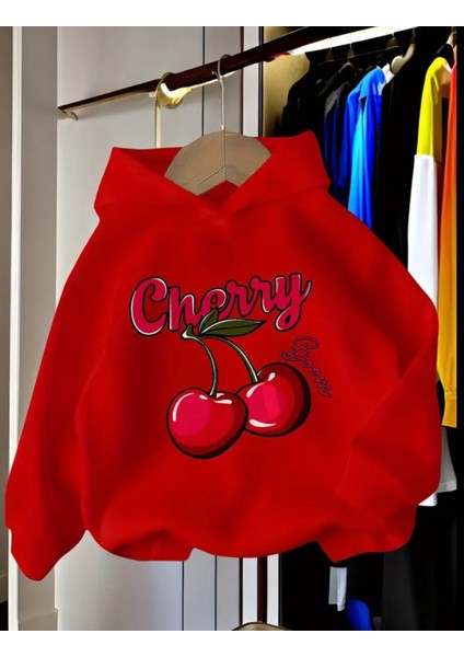 Punıx Kıds Özel Üretim Cherry Baskılı Kapüşonlu %100 Pamuk Kışlık Kız Çocuk Oversize Sweatshırt