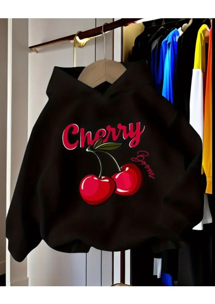 Punıx Kıds Özel Üretim Cherry Baskılı Kapüşonlu %100 Pamuk Kışlık Kız Çocuk Oversize Sweatshırt