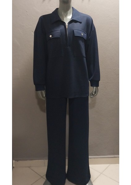 Kadın Çift Cepli Fermuarlı Gömlek Yaka Bol Paça Pantolonlu Ikili Takım