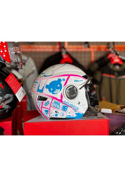 Motosiklet Kaskı Ayıcıklı Pembe Beyaz ECE2206 Belgeli