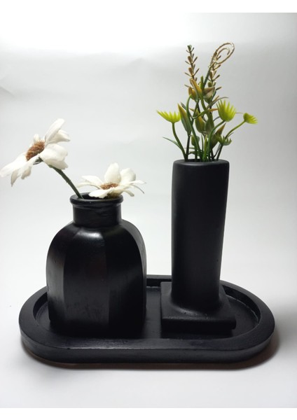 Tabaklı Dekoratif Ikili Vazo Set Siyah