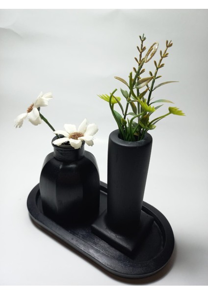 Tabaklı Dekoratif Ikili Vazo Set Siyah fırsatları