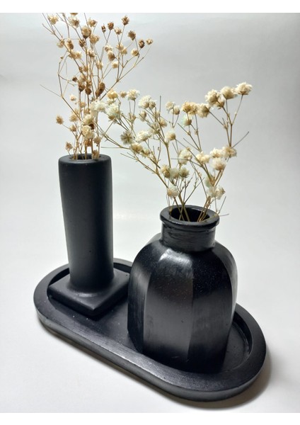 Tabaklı Dekoratif Ikili Vazo Set Siyah