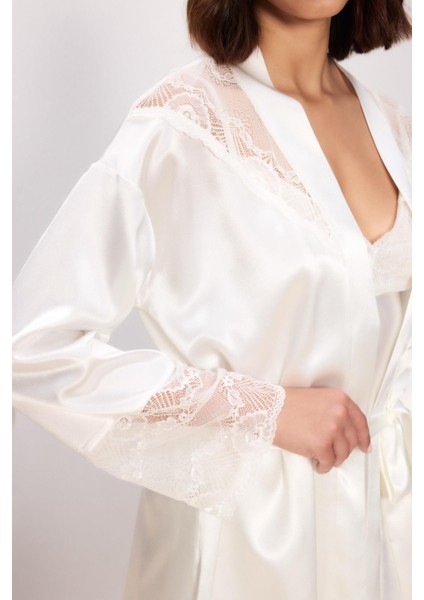 Saten Dantelli Kadın Gecelik ve Sabahlık Takımı - 4510 Ekru fiyatları