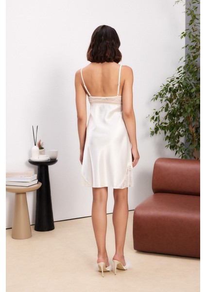 Saten Dantelli Kadın Gecelik ve Sabahlık Takımı - 4510 Ekru