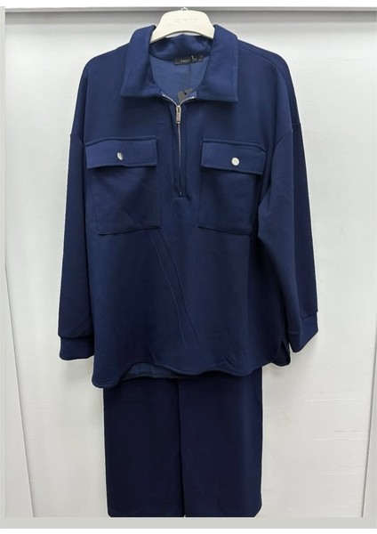 Kadın Çift Cepli Fermuarlı Gömlek Yaka Bol Paça Pantolonlu Ikili Takım modelleri