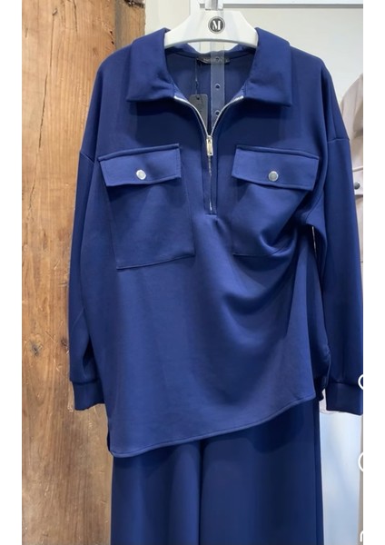 Kadın Çift Cepli Fermuarlı Gömlek Yaka Bol Paça Pantolonlu Ikili Takım fırsatları