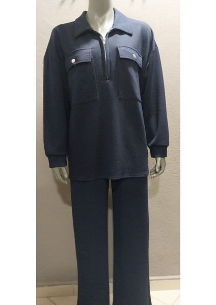 Kadın Çift Cepli Fermuarlı Gömlek Yaka Bol Paça Pantolonlu Ikili Takım indirimleri