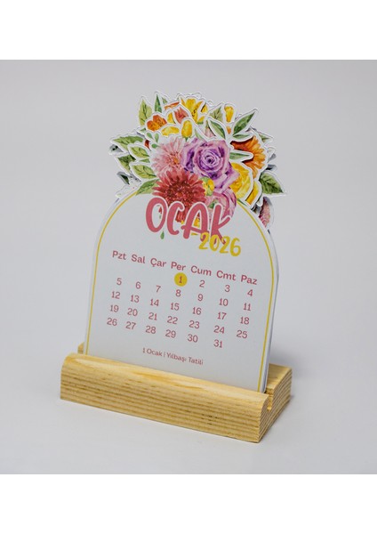 Masa Takvimi, 2026 Yılı Renkli Çiçekler Ahşap Standlı Mini Takvim, 8X12 cm