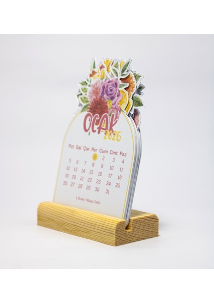 Masa Takvimi, 2026 Yılı Renkli Çiçekler Ahşap Standlı Mini Takvim, 8X12 cm fiyatları