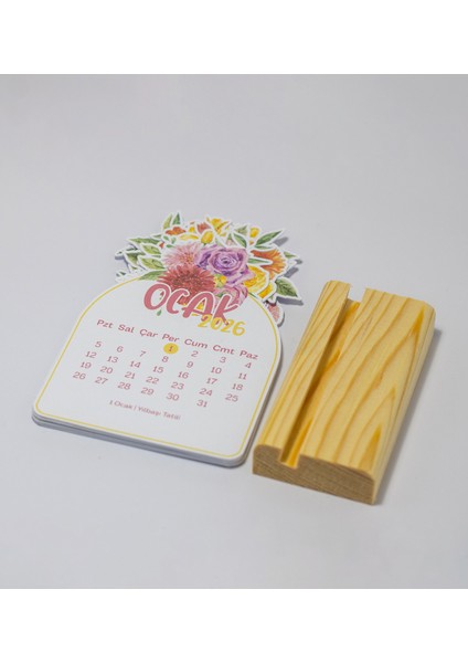 Masa Takvimi, 2026 Yılı Renkli Çiçekler Ahşap Standlı Mini Takvim, 8X12 cm modelleri