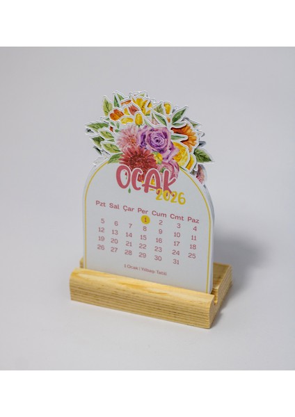 Masa Takvimi, 2026 Yılı Renkli Çiçekler Ahşap Standlı Mini Takvim, 8X12 cm fırsatları