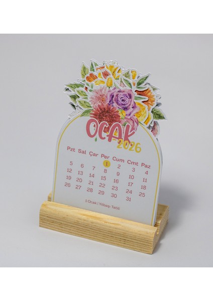 Masa Takvimi, 2026 Yılı Renkli Çiçekler Ahşap Standlı Mini Takvim, 8X12 cm